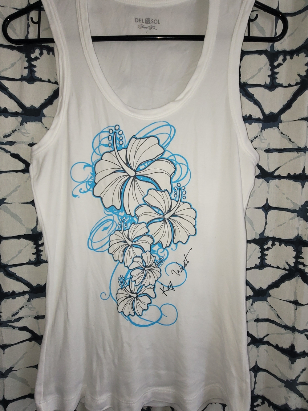 Del Sol Color Changing White Floral Graphic "Key West" Tank Top Size Large